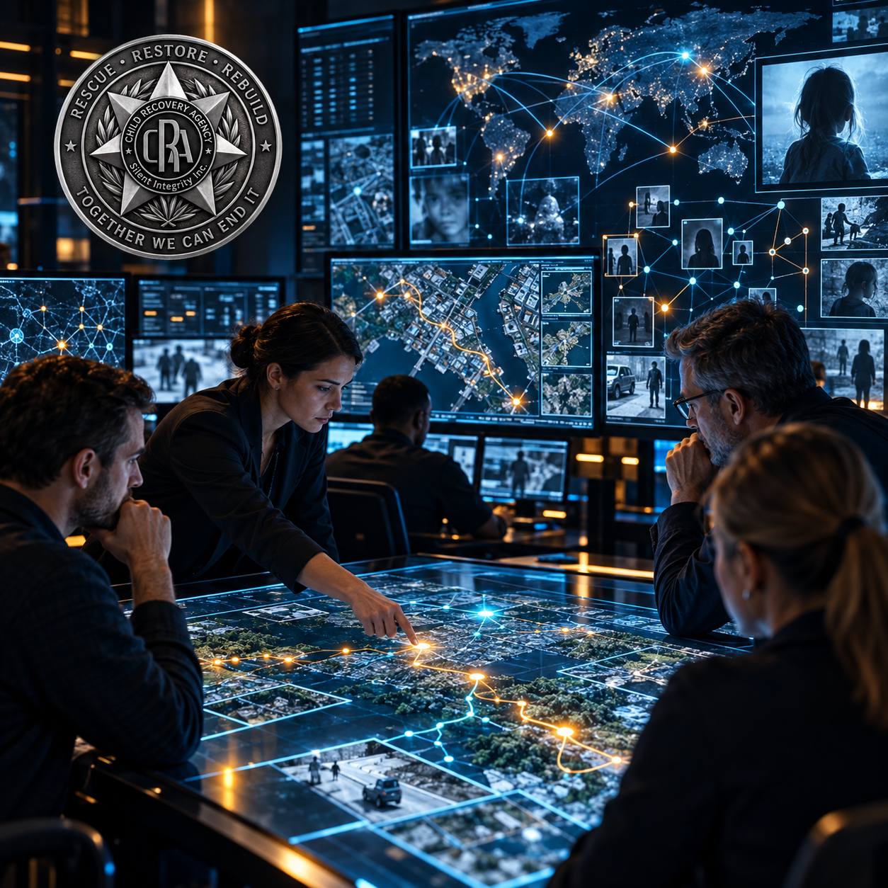 Intelligence analysts reviewing connected data and mapping to support operational decisions, with the CRA coin